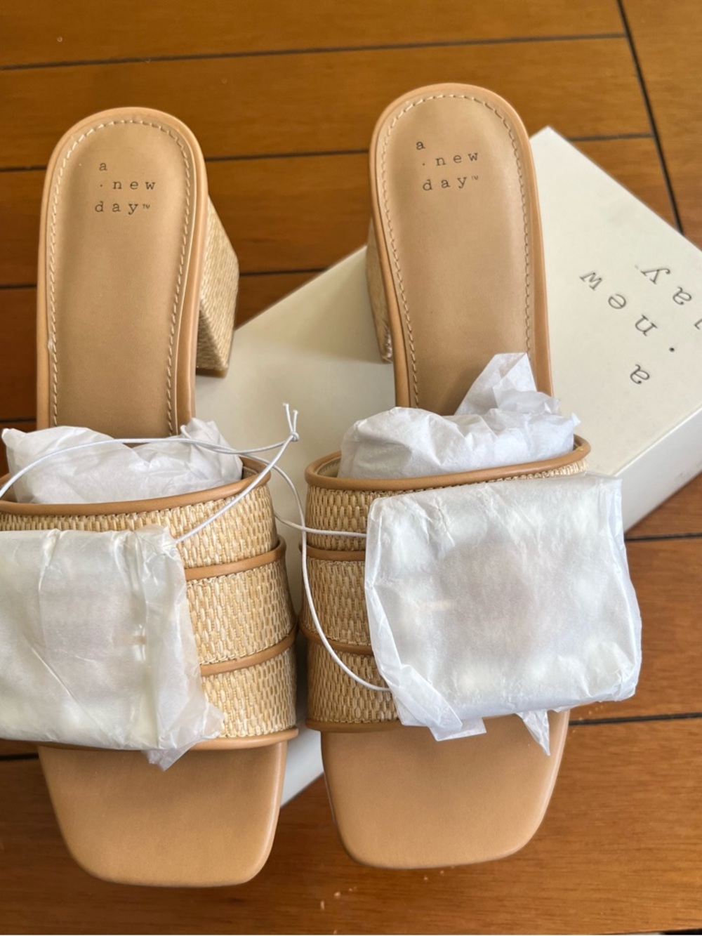 a new day Tan Woven Square-Toe Block Heel Mules Kathleen